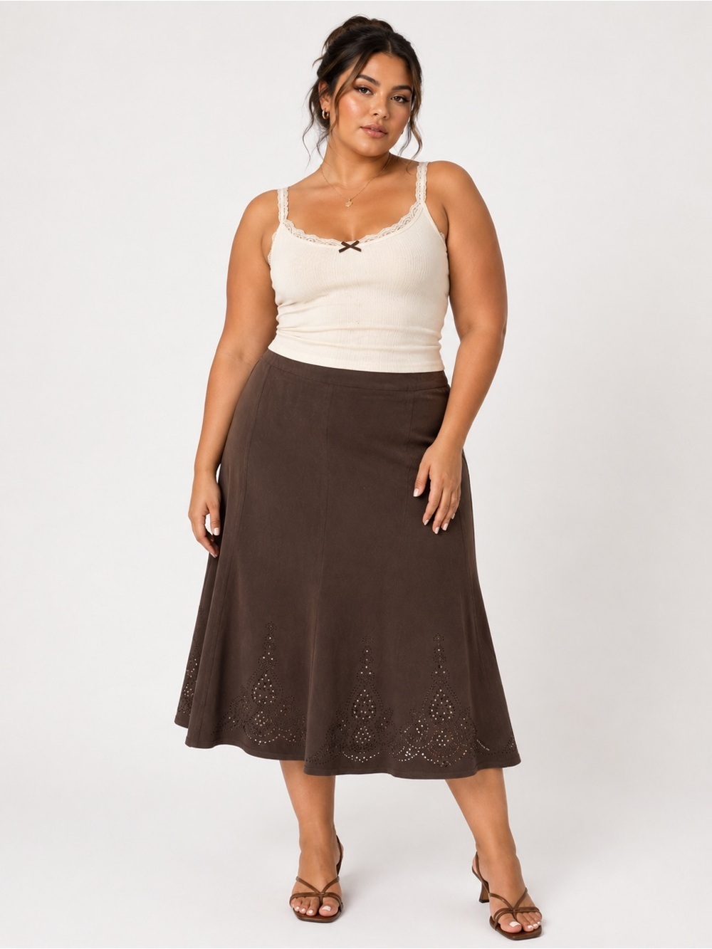 TanJay Chocolate Brown Midi Skirt with Laser-Cut Hem
